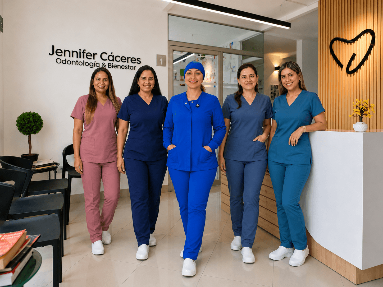 Equipo de Odontología & Bienestar reunido en la recepción de la clínica