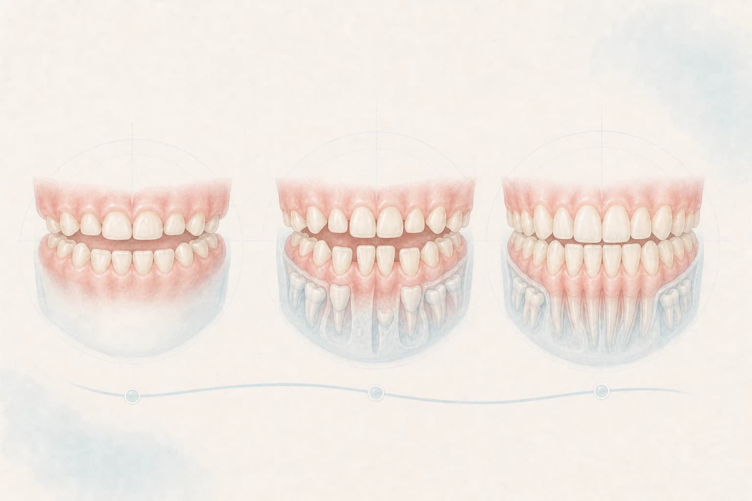 Ilustración clínica de las etapas de desarrollo y recambio dental infantil