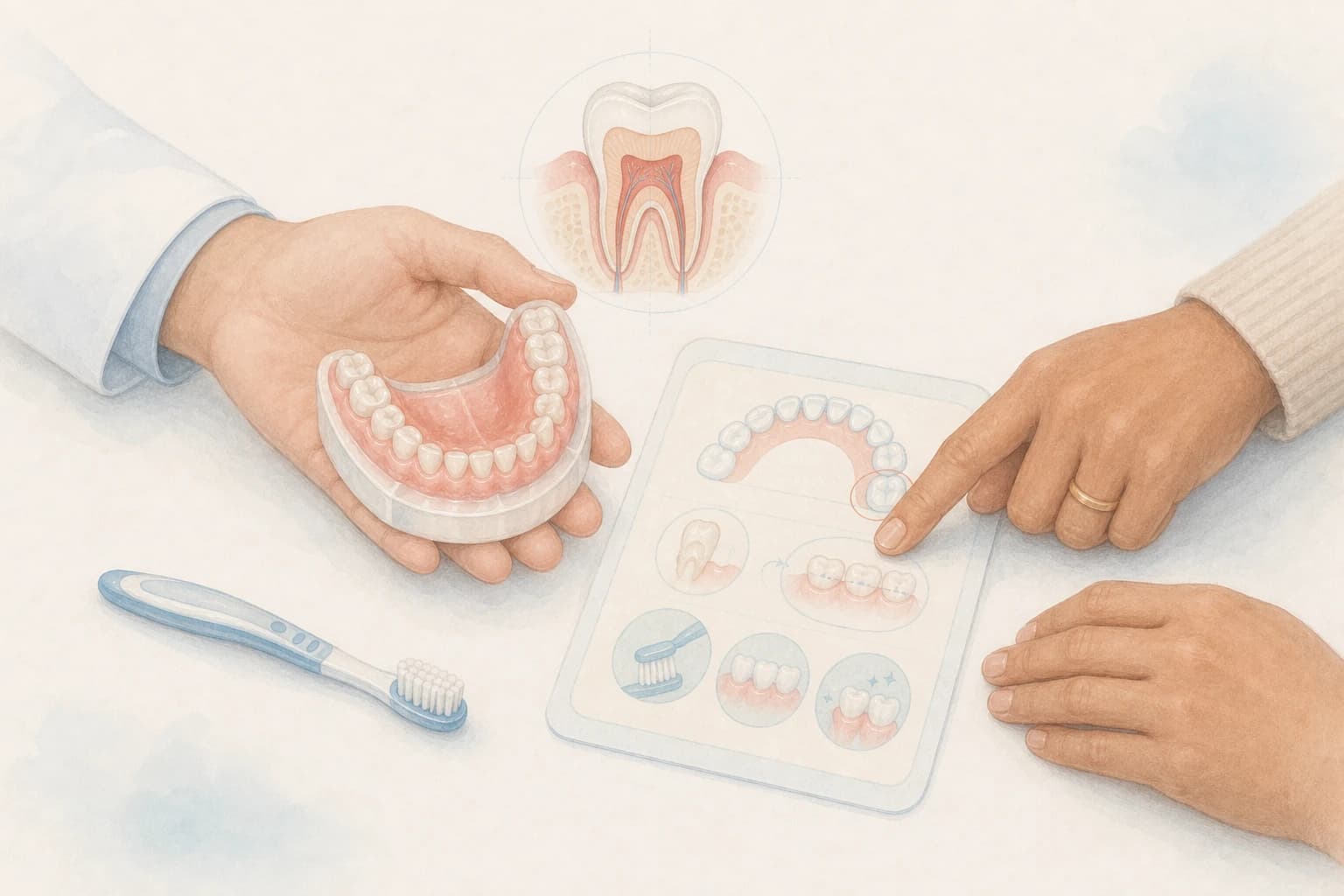 Ilustración clínica de orientación a padres con modelo dental infantil