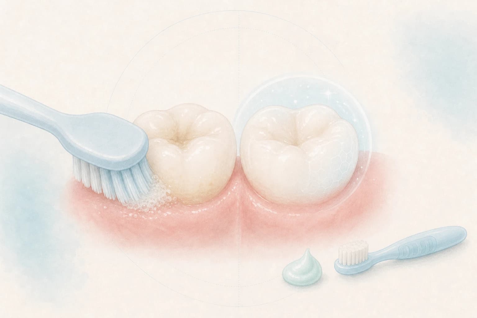 Ilustración clínica de limpieza y protección preventiva de molares infantiles
